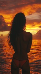 Fototapeta premium Sunset Silhouette Woman Beach.