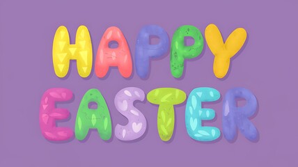 Fototapeta premium A collection of multicolored eggs spelling out the words 'Happy Easter' in vibrant colors with solid purple background and white letters, creating a festive and eye-catching Easter design festive vibe