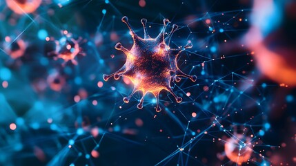 A close-up view of a virus, highlighting its intricate and complex structure with a futuristic look. The image evokes a sense of the invisible world and the wonders of science