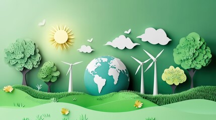 Eco-Friendly World: A vibrant and symbolic representation of a sustainable future. Lush green landscapes, windmills, and the Earth combine to showcase the commitment to environment and green life.