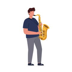 Naklejka premium Young man playing a golden saxophone in a flat, minimal style vector illustration with a joyful and relaxed mood