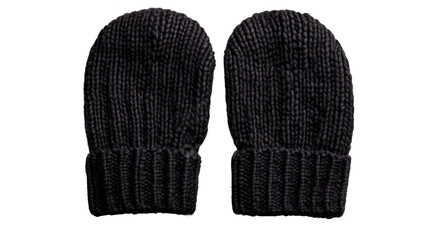 Two knitted dark wool mittens, winter fashion accessories, cut out transparent