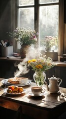 A cozy rustic kitchen bathed in morning light, with a wooden table showcasing a steaming teapot, fresh fruits, pastries, and a bright bouquet of yellow and white flowers near the window.. AI