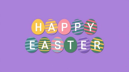 A collection of multicolored eggs spelling out the words 'Happy Easter' in vibrant colors with solid purple background and white letters, creating a festive and eye-catching Easter design festive vibe
