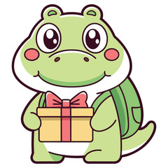 Cartoon Green Turtle with Backpack Holds Gift Box and Bow Isolated on White
