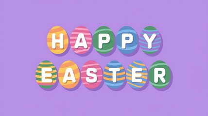 A collection of multicolored eggs spelling out the words 'Happy Easter' in vibrant colors with solid purple background and white letters, creating a festive and eye-catching Easter design festive vibe