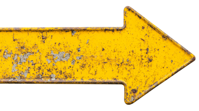 Yellow right arrow with corrosion and peeling paint, cut out transparent