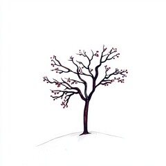 Obraz premium Minimalist Ink Drawing of a Bare Tree with Berries in Winter