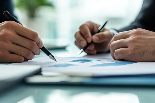 A team of financial advisors meets in a home office setting to collaborate and brainstorm ideas for preparing financial report paperwork, emphasizing accounting principles