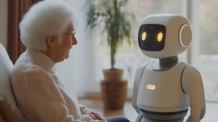 a friendly robot interacting with a senior woman, representing the future of caregiving and technology's role in aging