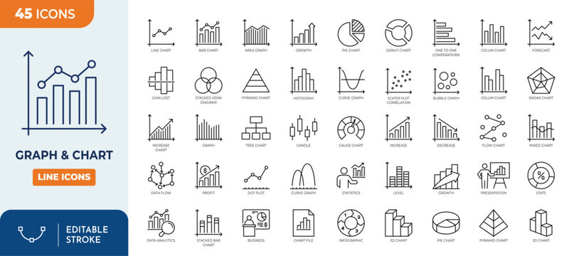 Graph and Chart icon set. Containing data, increase, growth, pie chart, data analytics, report and more. Outline Icon Collection. Vector illustration. Editable stroke	