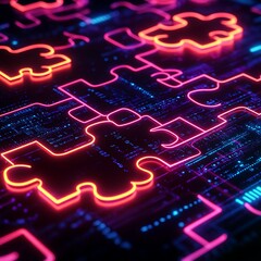 Fototapeta premium Futuristic glowing puzzle logic AI connection innovation strategy image