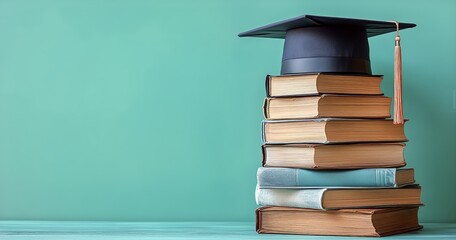 A Graduation Cap Rests on a Pile of Vintage Books, Symbolizing Academic Success and Knowledge