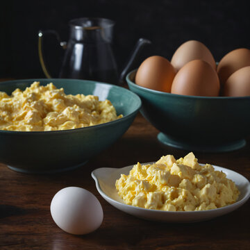 Bowls of boiled eggs on a wooden surface along with whole eggs in one bowl and the egg salad in two separate smaller dishes.