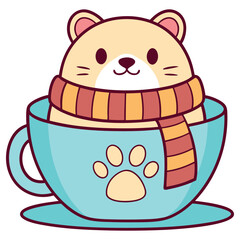 Hamster In Teacup Cartoon with Scarf Cute Pet isolated on white