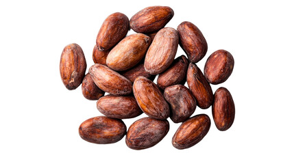 Pile of cocoa beans close-up on black background, cut out transparent