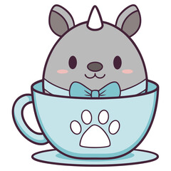 Cute Gray Unicorn Kawaii in Teacup with Bowtie on Transparent Background