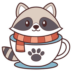 Cute Raccoon Cartoon Character in White Cup with Scarf on Transparent Background
