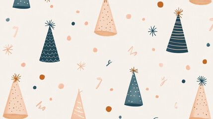 Party hat seamless pattern with beige background scattered stars confetti playful elements soft minimal festive design repeat texture dotted striped cone shape decoration celebration wrapping paper