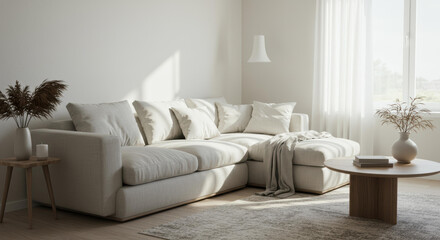 A bright living room showcases a plush white sectional sofa adorned with soft pillows. Natural light floods through large windows, highlighting the minimalist decor and a wooden coffee table