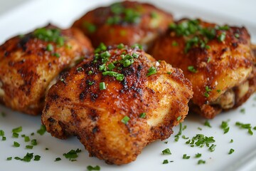 Juicy fried chicken thigh with rich golden-brown crust, crunchy coating, ultra-detailed, isolated on white.