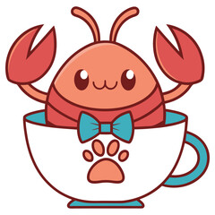Cartoon Lobster in Teacup with Bowtie and Paw Print Style Design