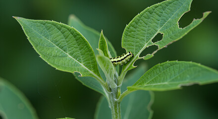 Swallowtail butterfly caterpillar feeding on foliage exhibiting signs of predation