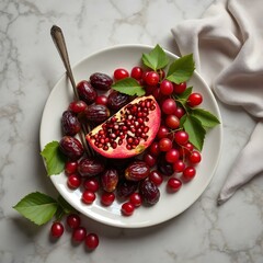 Dates + Pomegranate Seeds + Red Grapes on the plate