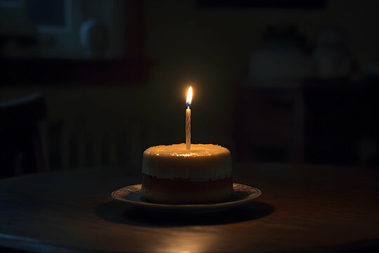 Solemn Birthday, A Single Candle Illuminates a Simple Cake in Darkness