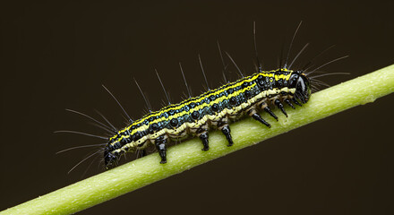 Detailed view of a Tent Caterpillar crawling on a green stem in natural light