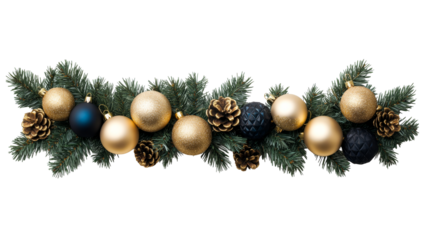 Christmas garland with gold and blue ornaments, cut out transparent