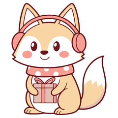 Cartoon Fox with Headphones and Scarf Holding a Gift, Isolated on White