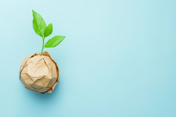 Obraz premium The image depicts a flat lay of craft paper with green leaves sprouting upwards, conveying an earthy and biodegradable theme that is free from plastic, on a calming mint background with space for
