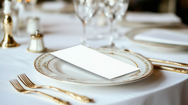 Elegant table setting for fancy restaurant wedding. White plates, gold cutlery arranged on white table. Blank menu card placed on plates. Image used to promote wedding dining experience. Fine-dining