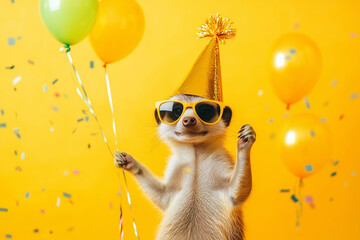 Cute meerkat in sunglasses and birthday hat holding yellow balloons on vibrant festive yellow background
