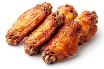 Spicy crispy chicken wing with deep golden brown color, rough crispy texture, sharp focus, isolated on white.