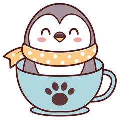 Cartoon Penguin in Blue Cup with Paw Print and Yellow Polka Dot Scarf Design