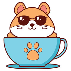 Cartoon Hamster with Sunglasses in Blue Cup with Paw Print, isolated