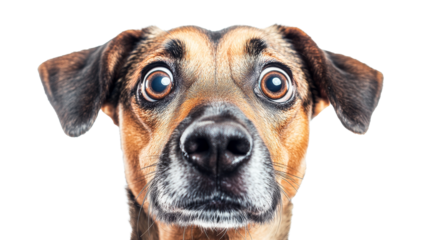 Brown dog face with funny expression, big eyes, isolated, cut out transparent
