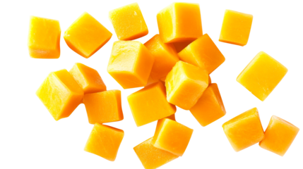 Mango fruit pieces, cube shape, on black background, cut out transparent
