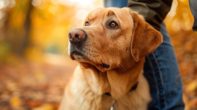 Affectionate Labrador Retriever leaning against its owners leg during a walk looking up with adoring eyes demonstrating the breed's loyal companionship