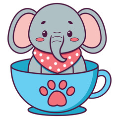Cartoon Baby Elephant in Blue Cup with Paw Print on Transparent Background