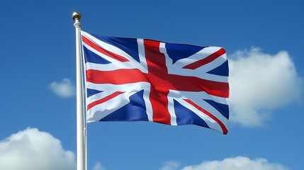 British flag proudly displayed at full mast against a bright blue sky filled with fluffy clouds creating a vibrant contrast
