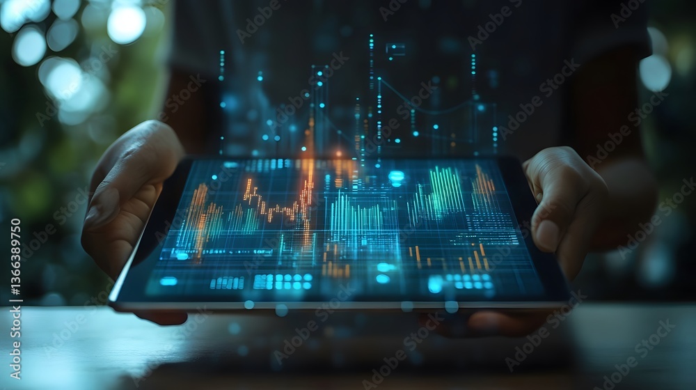 Poster digital data analysis and technology in hand. a person holds a tablet displaying a complex data visu