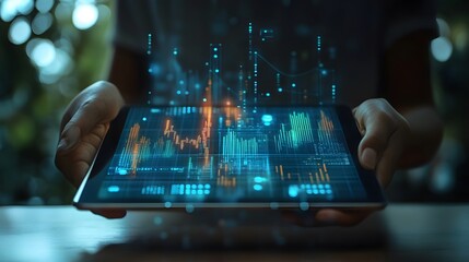 Digital data analysis and technology in hand. A person holds a tablet displaying a complex data visualization interface with floating digital graphs, representing data and technological advancement