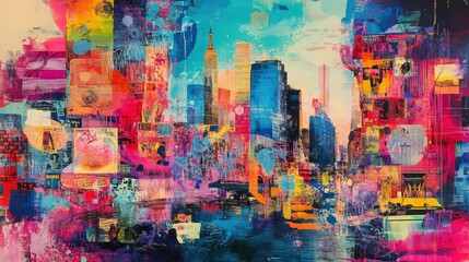 Fototapeta premium An abstract painting depicts a colorful cityscape with buildings present