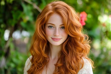 Fototapeta premium The girl model has long, red, wavy hair with big curls on her head, achieved through a permanent waving hairstyle