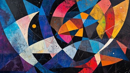 Fototapeta premium Dynamic abstract art featuring geometric shapes and vibrant colors, creating a sense of movement and energy. Textures and sharp angles give depth and modern appeal.. AI Generation