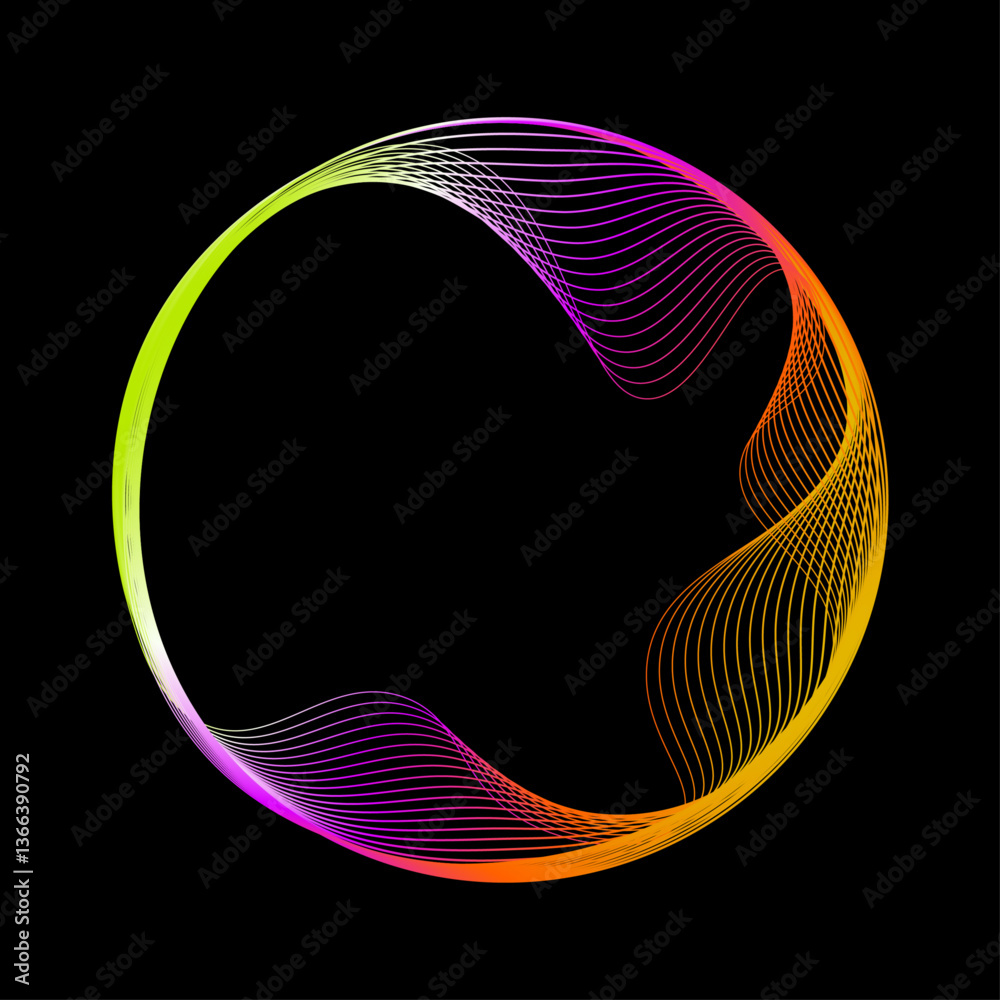 Fototapete Neon iridescent circle linear frame flowing in circular shape. Glowing neon color round curve with wavy dynamic lines isolated on black background with copy space. Vector design element 