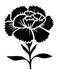 Black silhouette of carnation flower with leaves isolated on white background. Vector illustration
